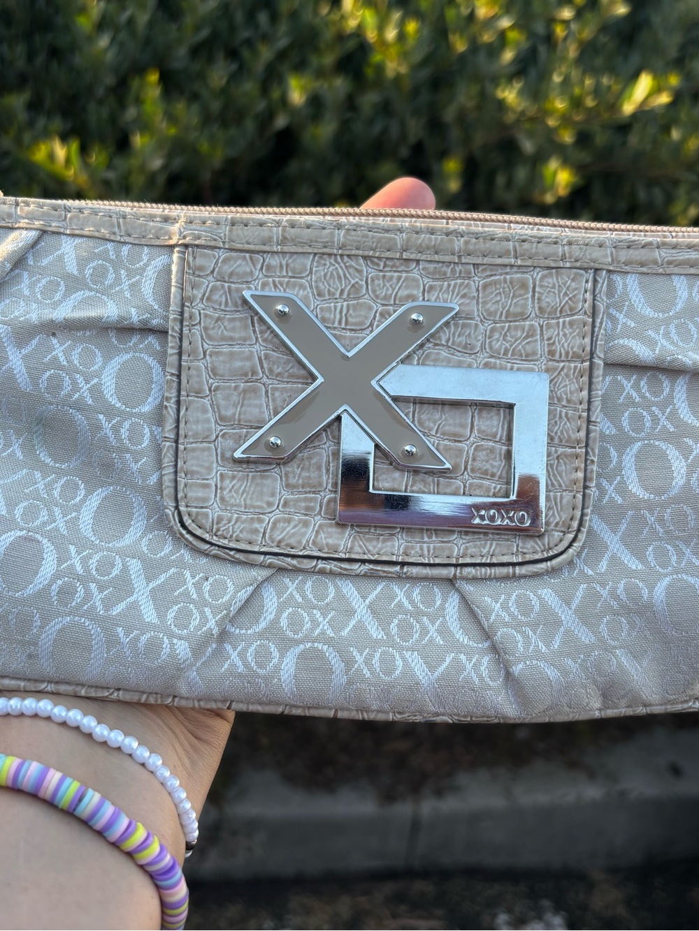 Y2K collection XOXO Beige Logo Clutch with Silver Hardware